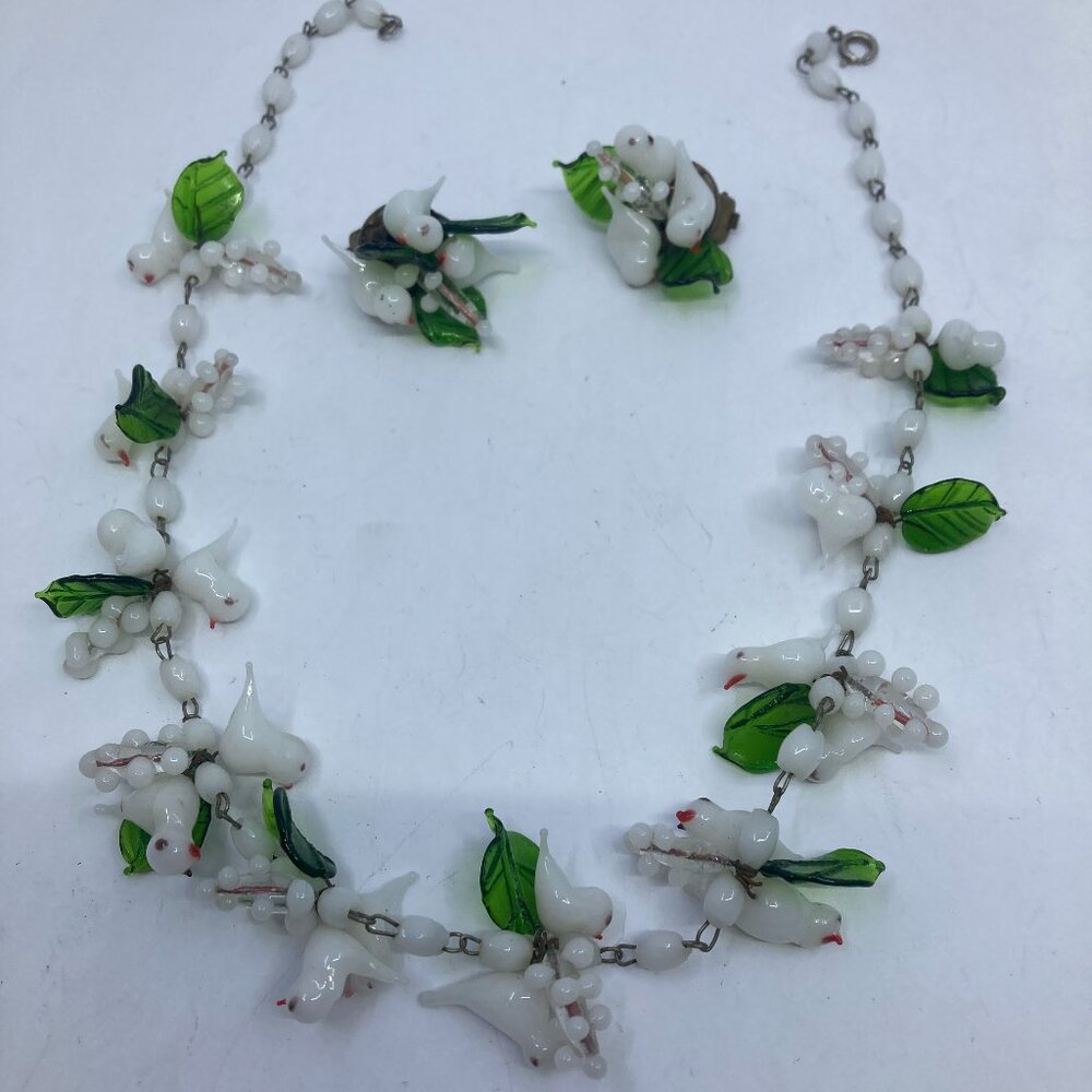 Vtg '30 RARE venetian Murano Italy birds leaves glass earrings necklace set